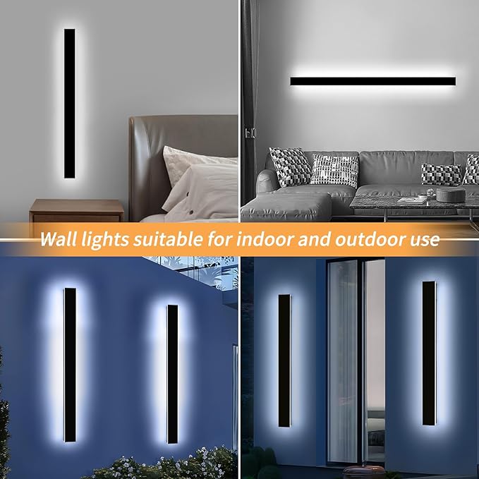 Mikeru 47.2" 2Pack Outdoor Wall Sconce 6000K Cool White - IP65 Waterproof Black Exterior Light, Hardwired Wall Mounted Fixture for Porch, Patio & Entryway | Non-Dimmable Weatherproof Design
