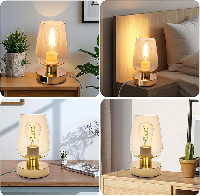 Touch Bedside Table Lamp with Glass Shade, Gold Modern Small Lamp for Bedroom Living Room Nightstand, 3 Way Dimmable Desk Lamp with USB C+A+AC Outlet Charging Ports, 800LM LED Bulb Included
