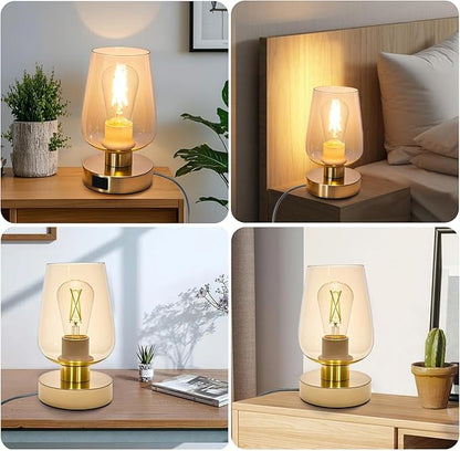 Touch Bedside Table Lamp with Glass Shade, Gold Modern Small Lamp for Bedroom Living Room Nightstand, 3 Way Dimmable Desk Lamp with USB C+A+AC Outlet Charging Ports, 800LM LED Bulb Included