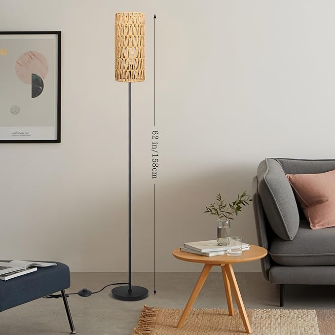 Floor Lamp for Living Room,Farmhouse Floor lamp,Modern Standing lamp with Hand-Worked Rattan Shade (Round Rattan Shade-3 Color Bulb)