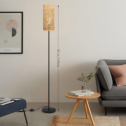 Floor Lamp for Living Room,Farmhouse Floor lamp,Modern Standing lamp with Hand-Worked Rattan Shade (Round Rattan Shade-3 Color Bulb)