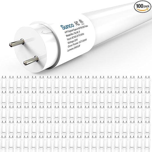 Sunco 100 Pack T8 LED Bulbs 4 Foot, 48 Inch Tube Light Bulbs Fluorescent Replacement, Single or Double Ended Hybrid Type A+B, 2400 LM, 20W, 5000K Daylight, Frosted Lens ETL