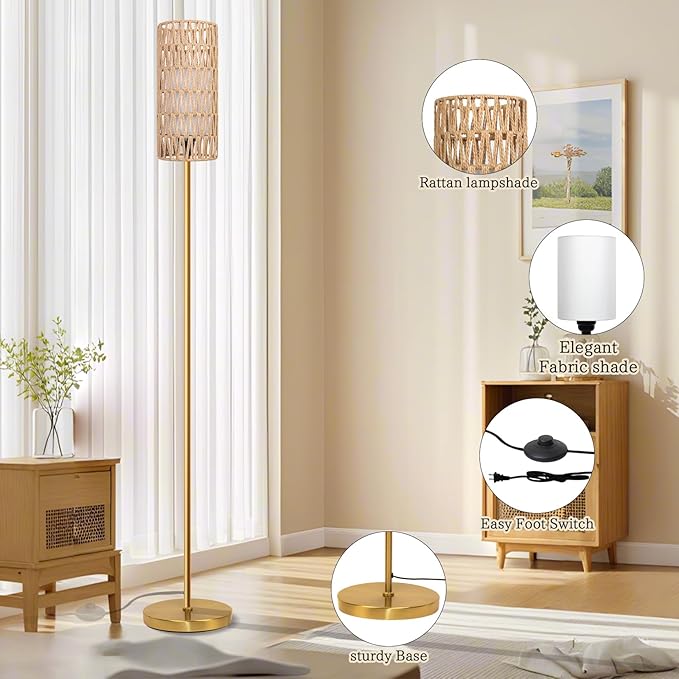 Floor Lamp for Living Room,Farmhouse Floor lamp,Modern Standing lamp with Hand-Worked Rattan Shade (Round Rattan Shade Gold Color-3 Color Bulb)