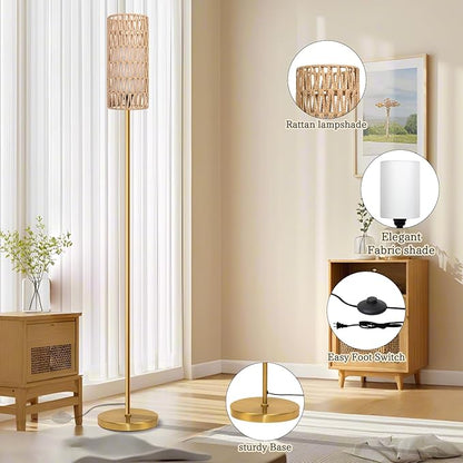Floor Lamp for Living Room,Farmhouse Floor lamp,Modern Standing lamp with Hand-Worked Rattan Shade (Round Rattan Shade Gold Color-3 Color Bulb)