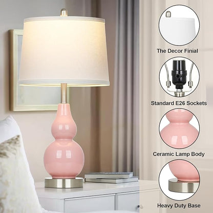 Pink Ceramic Lamps Set of 2, 25" Modern Double Gourd Ceramic Table Lamps for Living Room, Cute Bedside Nightstand Lamps with Fabric Shade for Bedroom End Table Home Office Girls Room(2 Bulbs Included)