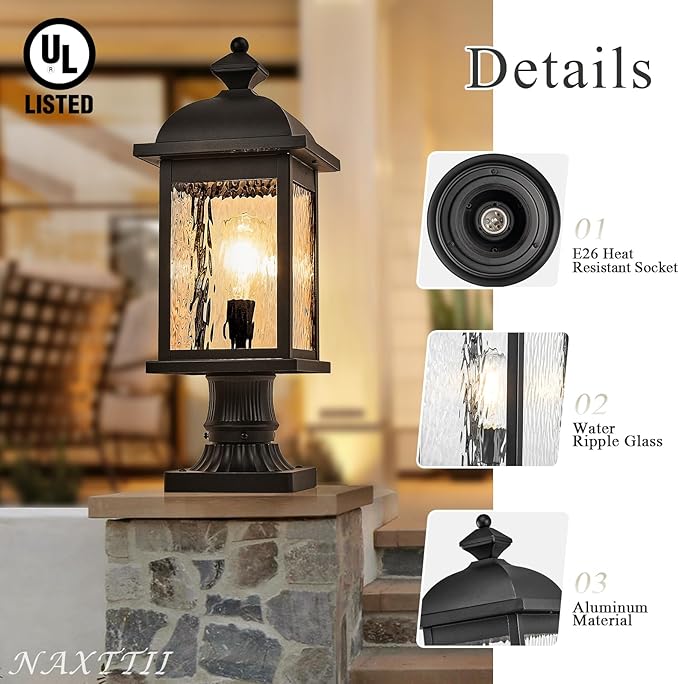 Outdoor Post Lights 21 Inch Height Large Size Lamp Post Outdoor Lighting Black Porch Lights Outdoor Pillar Lantern with Water Ripple Glass for Garden Backyard Walkway and Pathway