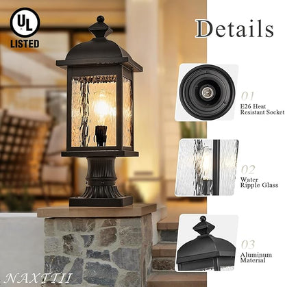 Outdoor Pole Light Aluminum Outdoor Post Light Hard Wired with Water Ripple Glass Matte Black Finish 16 Inch Height Outdoor Column Lighting E26 Socket