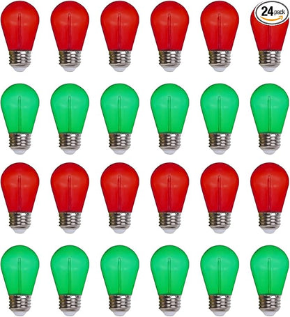 Jslinter Colored String LED Light Bulbs - 1 watt Plastic Outdoor Indoor S14 Bulbs for Christmas String Light Replacement - Shatterproof - E26 Base - 24Pack - Red/Green