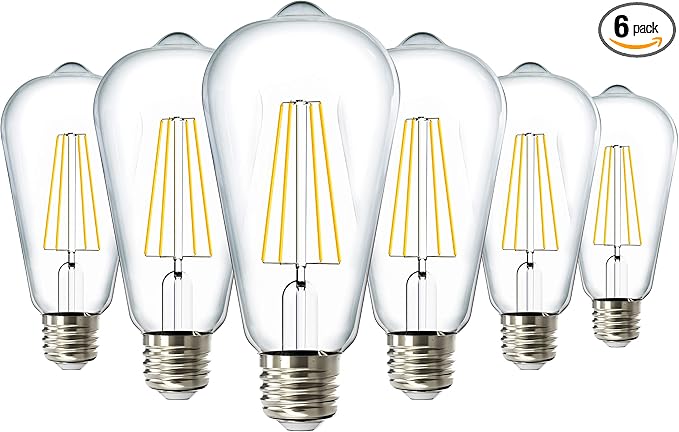 Sunco 6 Pack Edison Bulbs LED ST64, Clear Vintage Filament Waterproof Bulb, 800 LM, 8.5W (60W Equivalent), ST19, 3000K Warm White, E26 Medium Base, Decorative Dimmable UL