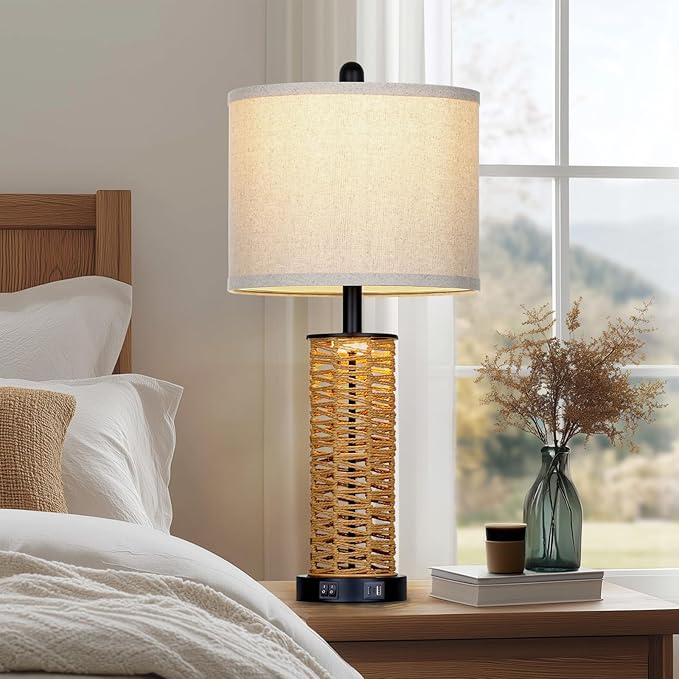 27" Boho Rattan Table Lamps Set of 2, Coastal Bedside Lamp with Night Light, Woven Wicker Bedroom Nightstand Lamps with USB A+C Charging Port, Tall Farmhouse Lamp for Living Room End Table