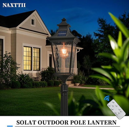 47.3 Inch Black Solar Lamp Posts Outdoor Waterproof Aluminum Solar Pole Lights with Water Ripple Glass Dusk to Dawn Outdoor Post Lights Hard Wired Include Remote Control and LED Bulb