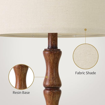 BOBOMOMO 25" Rustic Table Lamps Set of 2, Farmhouse Nightstand Lamps with Wood Grain Resin Base & Linen Shade, Standard Table Lamps for Bedroom, Living Room, End Table & House Décor