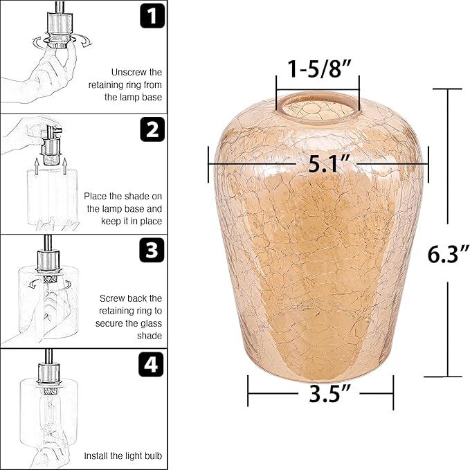 Wine Glass Lamp Shade for Lighting Fixture, 6.3" Height, 1-5/8 Inch Fitter, 3 Pack Clear Amber Crackle Effect Glass Replacement Globe Shade