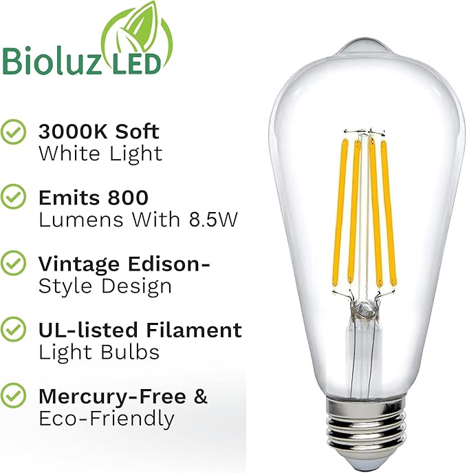 Bioluz Dimmable Edison Light Bulbs - 800 Lumen Soft White 3000K LED Replacement for Incandescent Light Bulbs - 6-Pack Vintage Soft White Light Bulbs for Dimmable Lighting and Soft Lighting