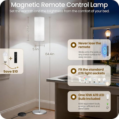 Dimmable Floor Lamps for Living Room with Remote and Foot Switch, 64.4” Modern Standing Tall Lamp, Corner Lamp for Office, Bulb Included, 3000K-6500K, Silver and Off-White SW06LD05W1