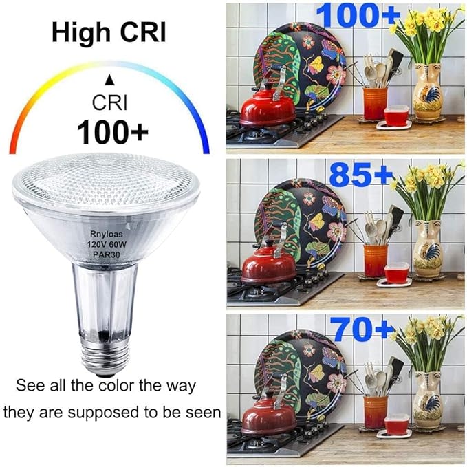Par30 Long Neck Dimmable, 120V 60W Par30 Flood Light Bulbs 6PCS, Par30 Halogen Bulb Long Lasting, E26 Medium Base, Par30l Bulb Warm Light CRI100 for Recessed Lighting, Accent & Track Lighting