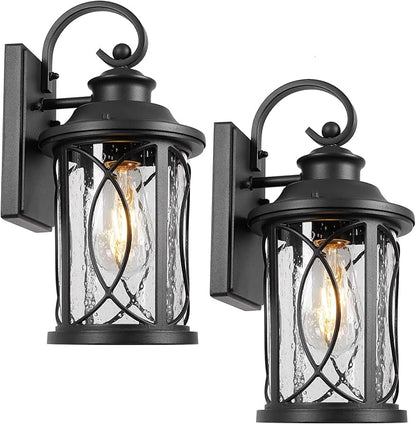 Treekee Outdoor Light Fixture Wall Mount, Modern Exterior Wall Sconce with Seeded Glass & E26 Sockets for Front Porch, Farmhouse Rustic Black Wall Lantern Lamp for Patio Garage Home Yard