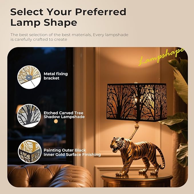 Large decorative spiderman Lamp Shade, Metal rectangular lamp shade,unique lamp shade,boho lamp shades for floor lamps,Etched Forest Tree Design, 6.8 x 12.5 x 8 inches, Black with Gold Interior