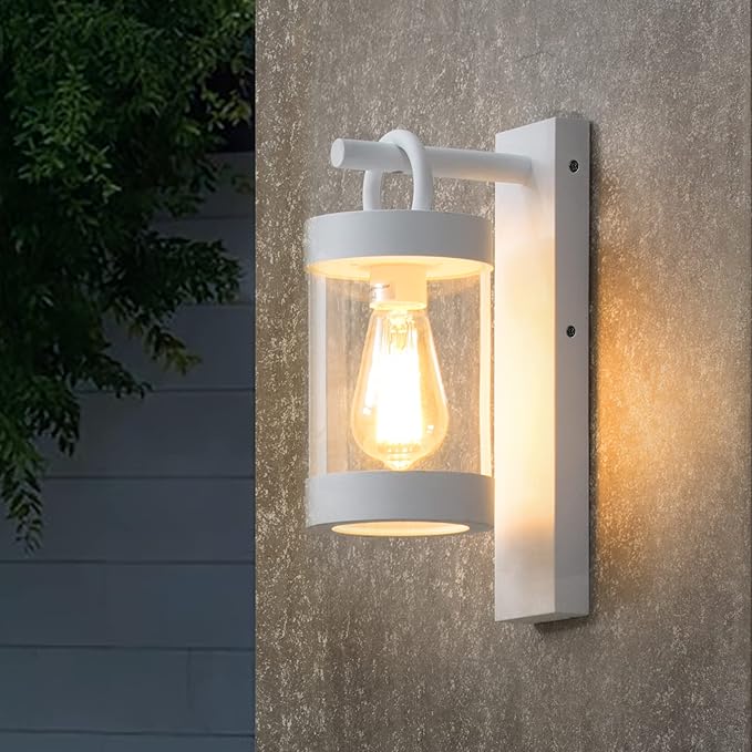 2 Pack Outdoor Wall Lantern with Dusk to Dawn Photocell Sensor,White Exterior Porch Light Fixture Wall Mount Lamp for House Garage Patio