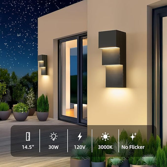 tewei Modern LED Outdoor Wall Sconce 30W Exterior Lighting Fixtures, Black Outside Lights for House Integrated LED Outdoor Wall Mount Lights for Front Porch Garage, Warm White 3000K, 2 Pack