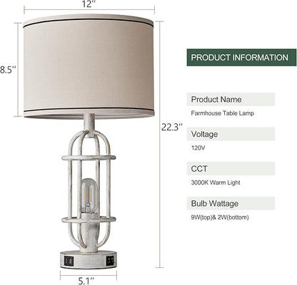 22.3" Farmhouse Table Lamps Set of 2, Vintage Lamps for Living Room End Tables, Bedroom Lamp for NightStand with USB C+A Ports, Antique White