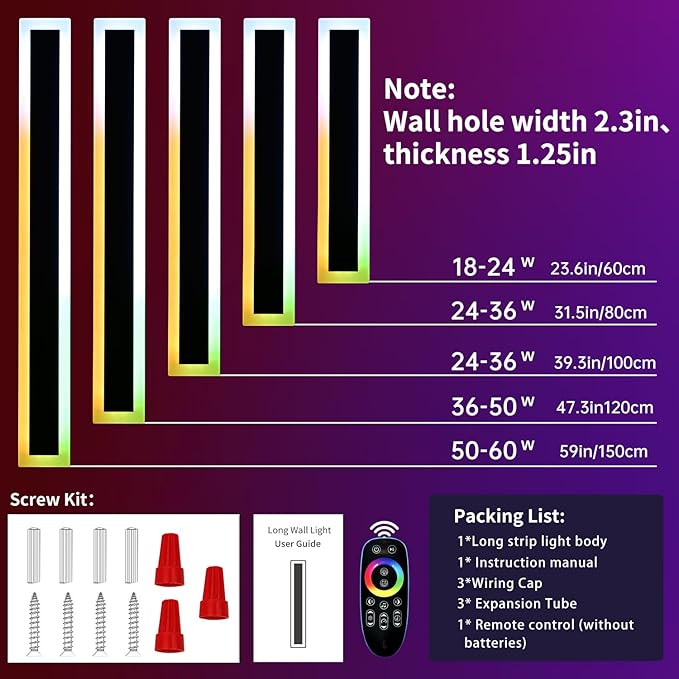 Mikeru Upgraded Widened RGB Long LED Wall Lights, 2Pack 23.6inch Outdoor Sconces RGB/Warm/White Dimmable Outdoor Wall Lights Exterior Front Porch Light Ip65 Waterproof Wall Sconce with Remote Control