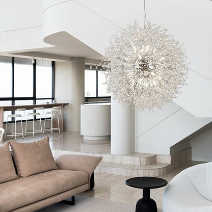 Large Fireworks Crystal Chandeliers, 24-Light Chrome Dandelion Pendant Chandelier, 120W Modern Sputnik Crystal Chandelier Lighting for Living Room Entryway