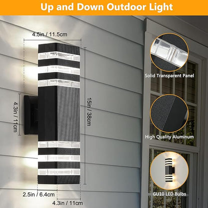 tewei 4 Pack Outdoor Wall Lights, Modern Exterior Light Fixture Wall Mount Black Outside Lights for House Waterproof Aluminum Up and Down Porch Lights Outdoor Wall for Porch Patio Garage, 3-Layer
