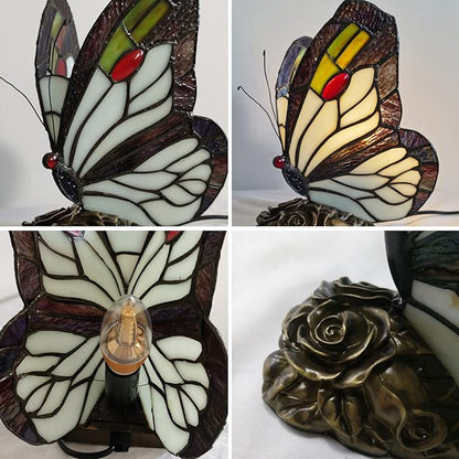 Bedside Table Lamp LED Tiffany Black White Butterfly Nightstand Table Lamps Stained Glass Shade ON Off Switch Home Office Desk Lamp Night Light Girl Grandma Mothers Day Gifts W/Gift Box