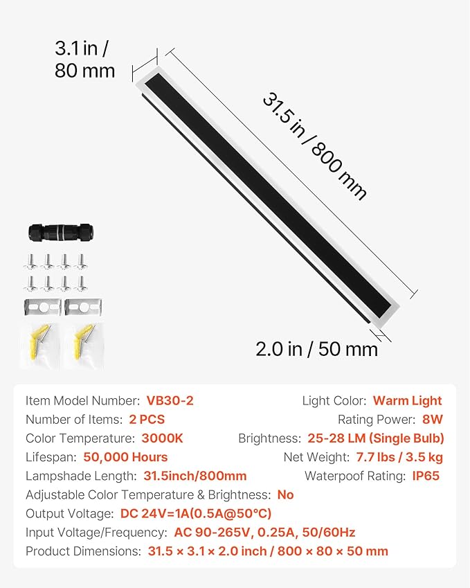 VEVOR Outdoor Wall Lights, 2 Pack, 31.5 Inch Long Strip Modern Exterior Wall Sconce Light Fixtures, 3000K Warm White, IP65 Waterproof Anti-Rust Outside Wall Mount Lighting, for House, Porch, Garage