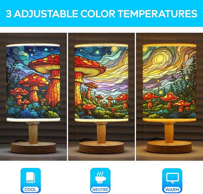 Mushroom Forest Table Lamp LED 3-Color Pressed Bedside, Mushroom Forest Shade Lamp with Wood Base for Bedroom Living Room Desk Office TL01