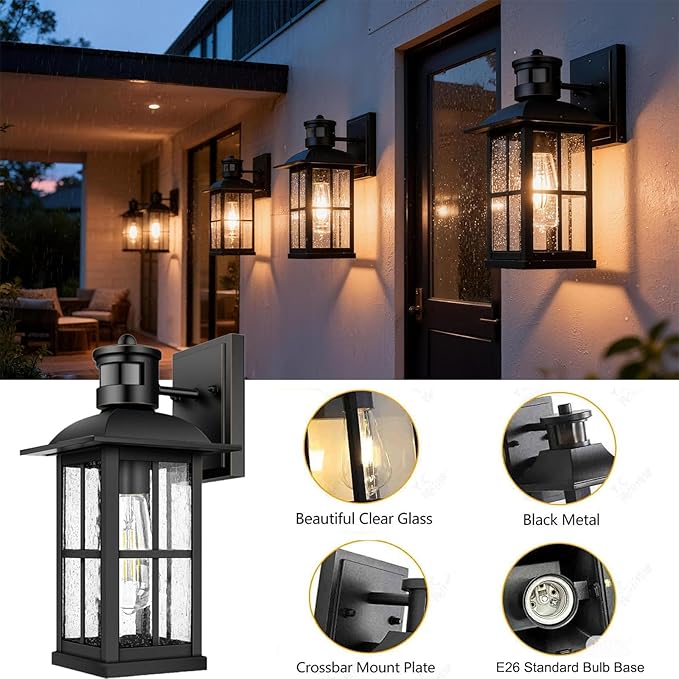 2Pack 15inch Large Outdoor Wall Lights,Modern Black Exterior Lantern Wall Light Fixture with E26 Sockets & Tempered Glass,Waterproof Porch Wall Lighting for Garage,Garden