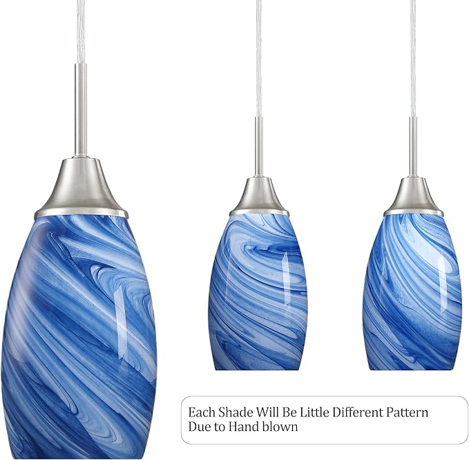 Glass Pendant Light with Handblown Dark Blue Marble Art Glass Shade Ceiling Light 3-Pack Mini Hanging Pendant Light for Kitchen Island,Dining Room,Living,Foyer,Hallway