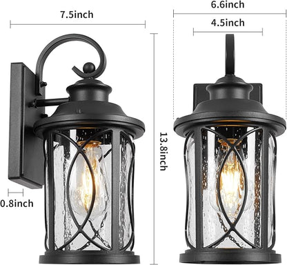 Treekee Outdoor Light Fixture Wall Mount, Modern Exterior Wall Sconce with Seeded Glass & E26 Sockets for Front Porch, Farmhouse Rustic Black Wall Lantern Lamp for Patio Garage Home Yard