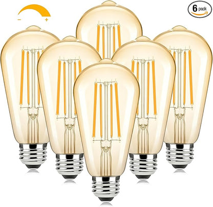 Brightever Dimmable Amber Light Bulbs 60 Watt Equivalent, 2200K Warm Light Vintage LED Edison Bulbs, 850LM, 90+CRI, 7W ST58 E26 LED Bulb, Clear Glass Antique Decorative Lights Bulb for Room, 6-Pack