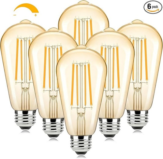 Brightever Dimmable Amber Light Bulbs 60 Watt Equivalent, 2200K Warm Light Vintage LED Edison Bulbs, 850LM, 90+CRI, 7W ST58 E26 LED Bulb, Clear Glass Antique Decorative Lights Bulb for Room, 6-Pack
