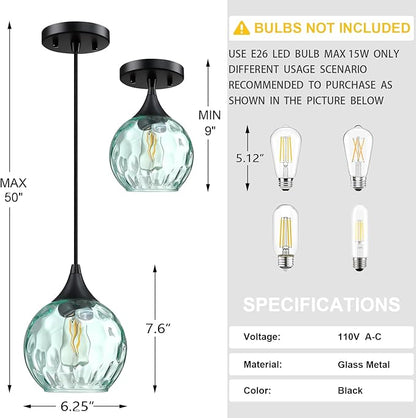 6.3" Hammer Green Glass Pendant Light 3 Pack Pendant Ceiling Light Fixtures Black Finish Modern Farmhouse Dinning Over Sink Adjustable Height Cord