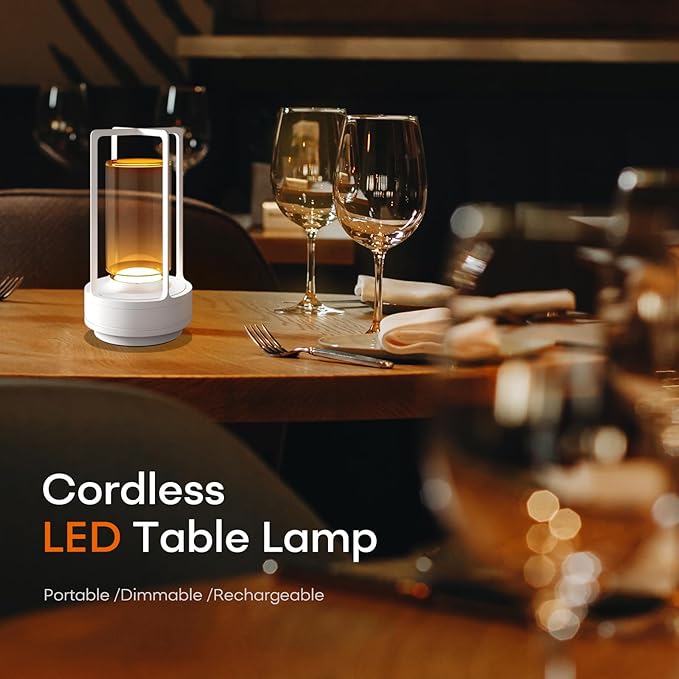 Portable Table Lamp for Indoor/Outdoor, Rechargeable Cordless Desk Lamp with Touch Sensor, 3 Way Dimmable Suitable for Bars/Cafes/Restaurants/Bedrooms/Camping Sites (White)