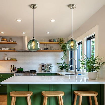 Gray Green Glass Pendant Lights Kitchen Island Lighting Globe Pendant Light Fixtures Modern Pendant Lighting for Bedroom Living Dining Room Light Fixture(7.87in, 2 Pack)