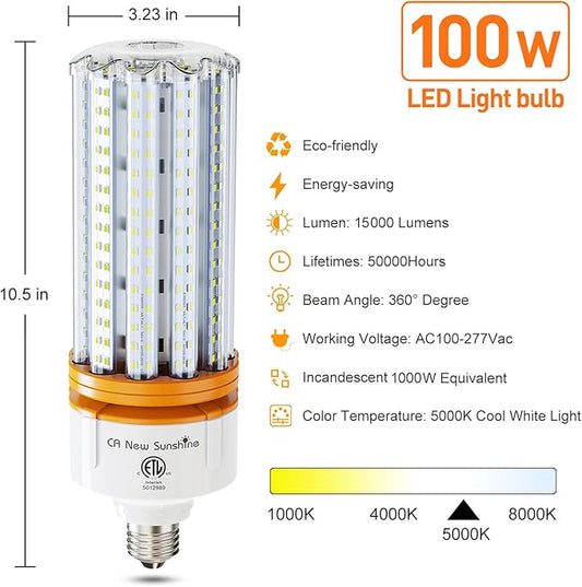 1000W Equivalent Led Corn Light Bulbs,100W Led Corn Bulb 15000 Lumen, 5000k Daylight White lamp, E26/E39 Medium Mogul Base, Large Area Lights for Outdoor Indoor Garage Warehouse High Bay Lighting