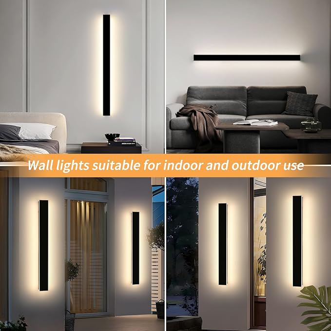 Mikeru 3CCT Dimmable Outdoor Wall Sconce 39.3" IP65 Waterproof - 2Pack Modern Black Exterior Light with Remote Control, Adjustable 3000K/4500K/6000K for Porch, Patio & Commercial Spaces | Hardwired