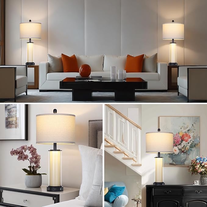 26" Black Glass Table Lamps Set of 2, Modern Bedroom Lamps with Built-in Frosted Glass Night Light , Tall Living Room Lamp with USB C+A Ports & Outlet, Bedside Lamp for Nightstand Side End Decoration