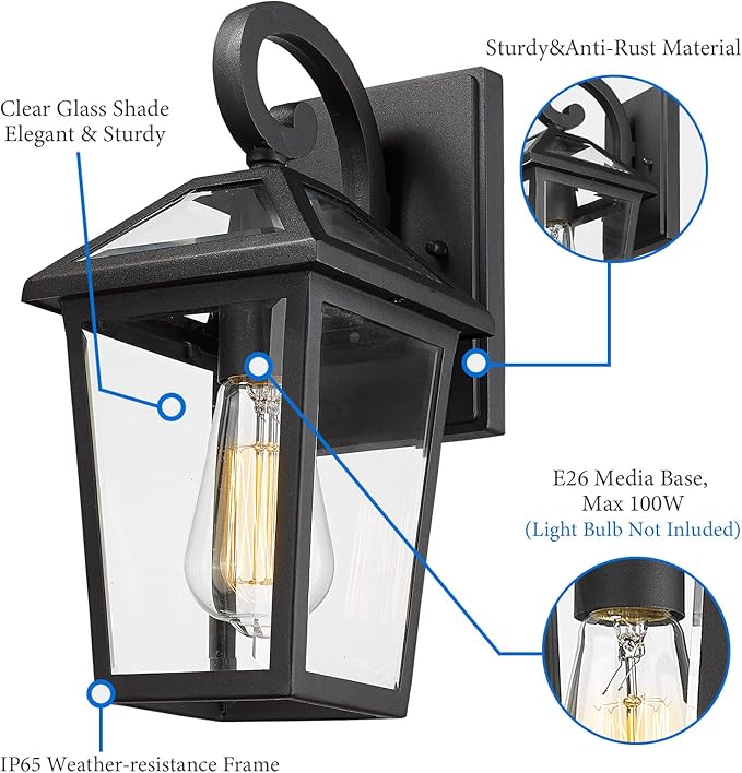 Outdoor Light Fixtures Wall Mount, Waterproof Exterior Wall Lanterns with Glass, Outside Wall Sconces, Front Porch Lights for House Garage Doorway Patio (Small, 2Pack)