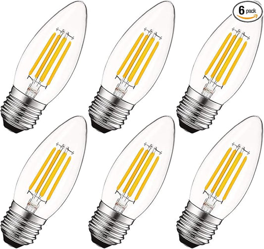 LUXRITE 5W Vintage E26 Candelabra LED Bulbs 60W Equivalent, 550 Lumens, 2700K Warm White Dimmable, Medium Base Candelabra Bulb, Torpedo Tip Clear Glass, Edison Filament Light Bulb, UL Listed (6 Pack)