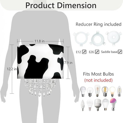 Black White Cow Print Lamp Shade with Acrylic Bead Droplets, Animal Drum Fabric Light Shade for Pendant Table & Floor Lamp, Cute Party Room Decor for Grandchild Kids Teens, 11.8in