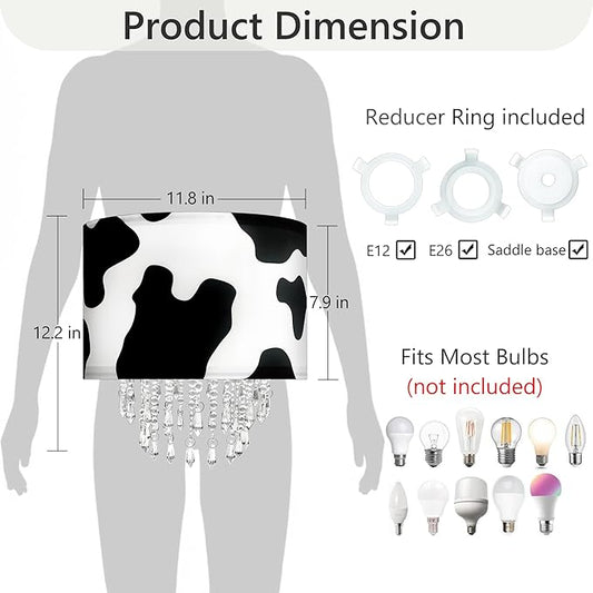 Black White Cow Print Lamp Shade with Acrylic Bead Droplets, Animal Drum Fabric Light Shade for Pendant Table & Floor Lamp, Cute Party Room Decor for Grandchild Kids Teens, 11.8in