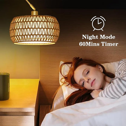 Gold Floor Lamps for Living Room, Arc Floor Lamp with Remote & Dimmable Bulb, Boho Rattan Standing lamp with 3 Color Temperatures, Height Adjustable Tall Lamp for Bedroom, Over Couch Reading Lamp