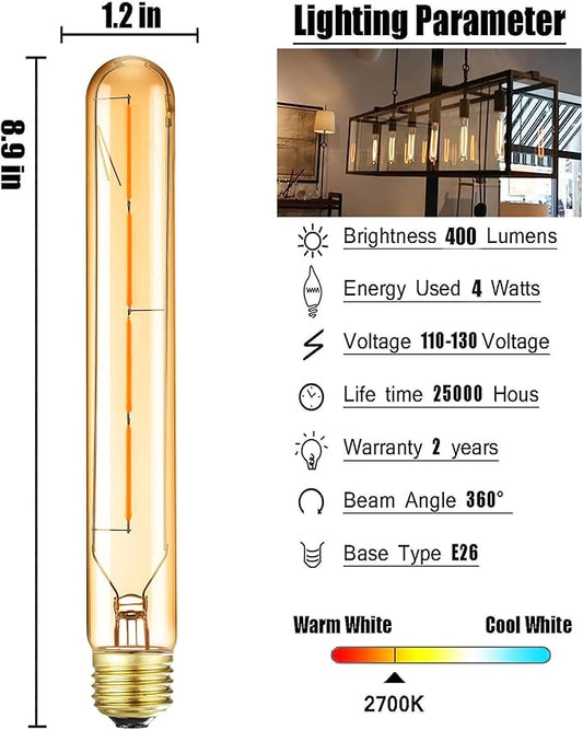 E26 Led Bulbs T10 Dimmable Tubular Light Bulb 4W Equivalent 40 Watt E26 Tube Bulbs 2700K Warm White Amber Glass Edison Style Vintage LED Light Bulb 8.9in,6-Pack.