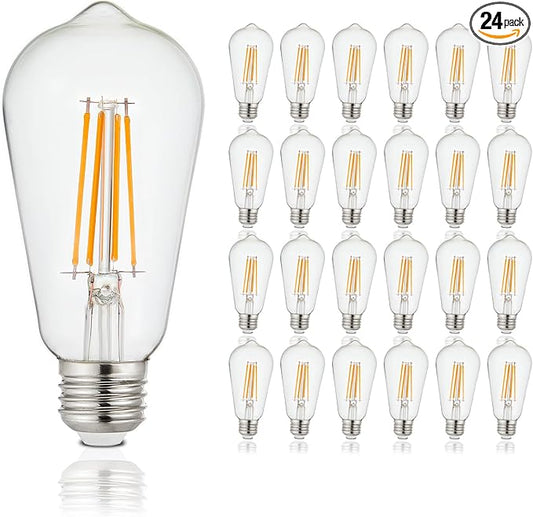 Depuley LED Light Bulbs E26: Edison LED Filament Bulbs 6W Equivalent 60W - Vintage Chandelier Lights Bulb 2700K Warm White - ST58 Clear Glass Bulb 360°Omnidirectional Lighting 800LM 90+CRI 24-Pack