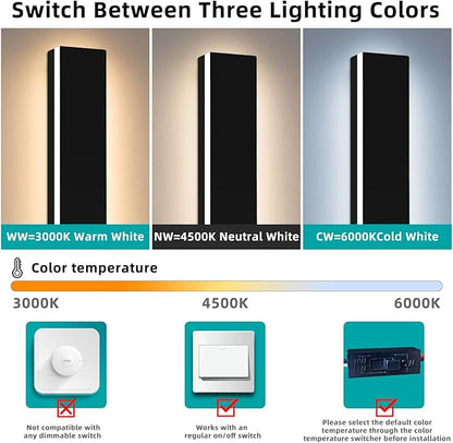 Upgrade Widened 2 Pack Long Outdoor Wall Lighting Fixture, 57inch Modern LED Wall Sconce, 3 Color 3000K/4500K/6000K, 50W, IP65 Waterproof, Black Exterior Light Fixture for Patio, Garden, Garage